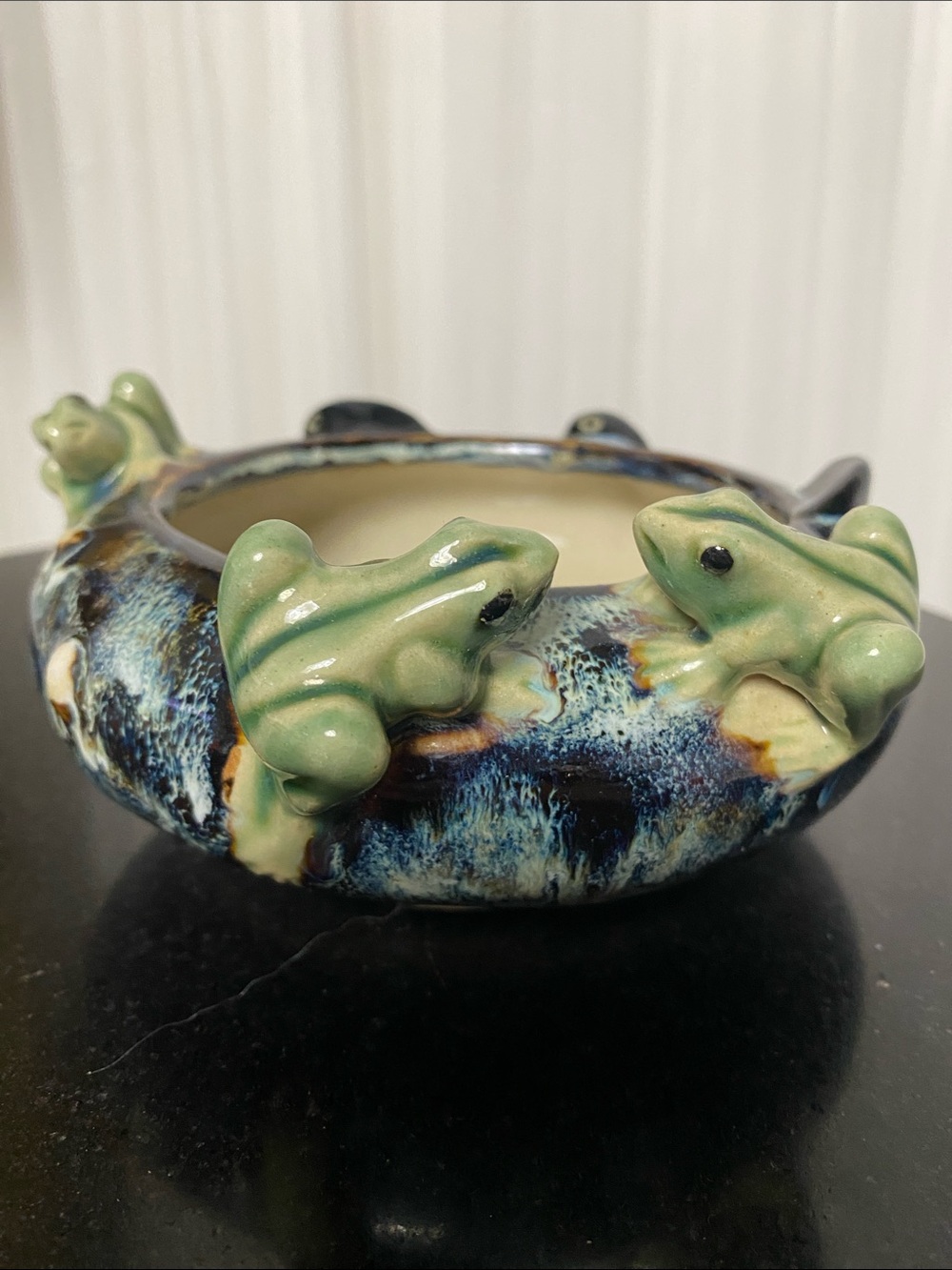 Vintage Decorative Frog/Tadpole Ceramic Reptile Bowl - Planter Green & Blue